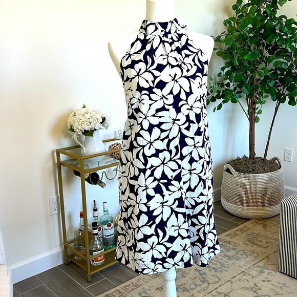 J Crew Bow Neck Halter Cotton Mini Floral Tropical Shift Dress Navy White Size 0 - Picture 15 of 17
